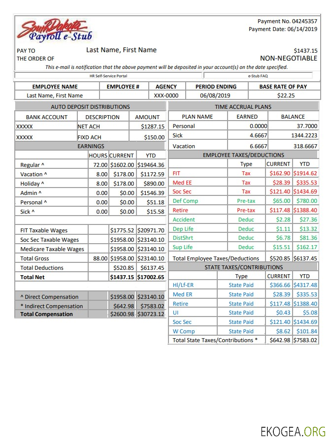 Modèle Word et PDF de talon électronique de paie du Dakota du Sud